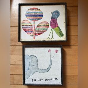 SUGARBOO & CO DESIGNS set of 2 Wooden Art Prints Elephant & Birdie EUC